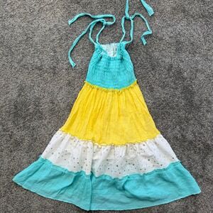 Lele For Kids Girls Tiered Colorblock Sequin Halter Dress Turquoise Yellow 7/8